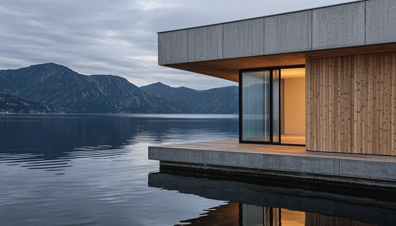 Liten moderne paviljong med glasshjørner, lyst i mørket ved fjorden