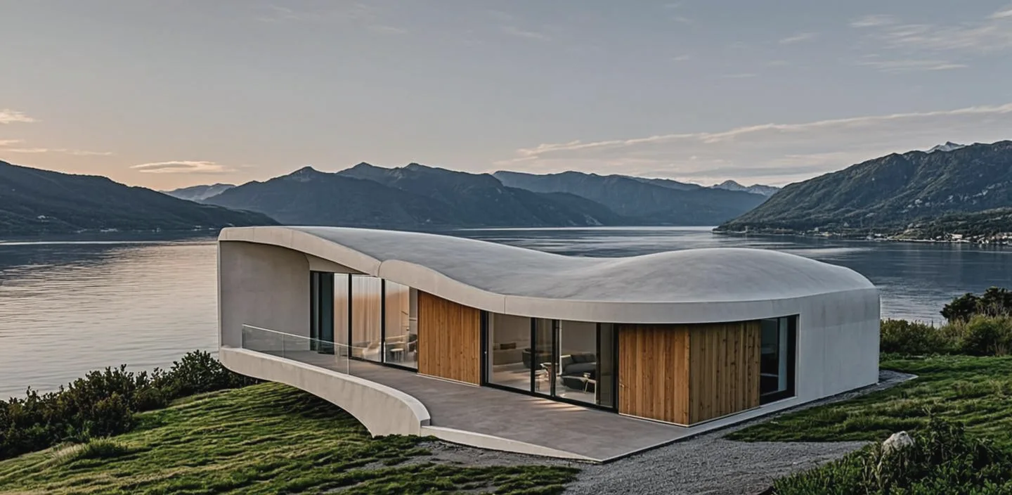 Hvitt buet betongtak over eikelerker og glass ved fjorden i kveldslys, med fjell i bakgrunnen