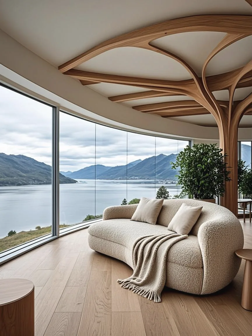 Lys stue med buet eiktak, store vinduer og utsikt til fjorden